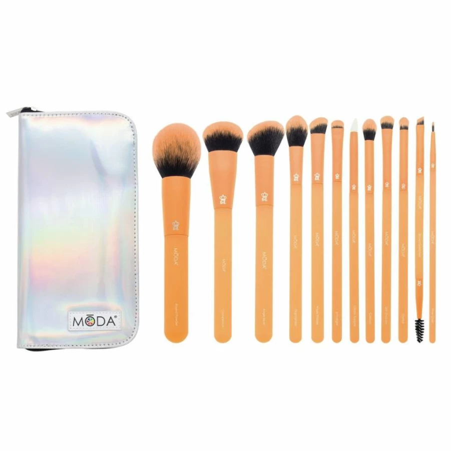 MODA Brush Totally Electric Neon Orange Makeup Brush Set - Full Face Cosmetic Brushes Kit