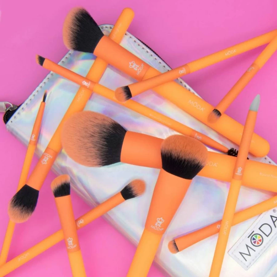 MODA Brush Totally Electric Neon Orange Makeup Brush Set - Full Face Cosmetic Brushes Kit