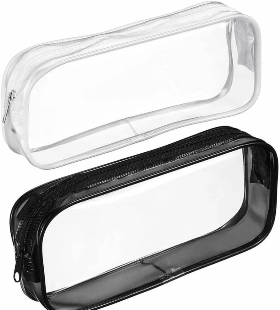 BlingKingdom 2-Pack Clear PVC Zipper Pouch for School, Travel & Cosmetics - Waterproof Pencil Case, Toiletry Bag & Makeup Organizer (Black & White)