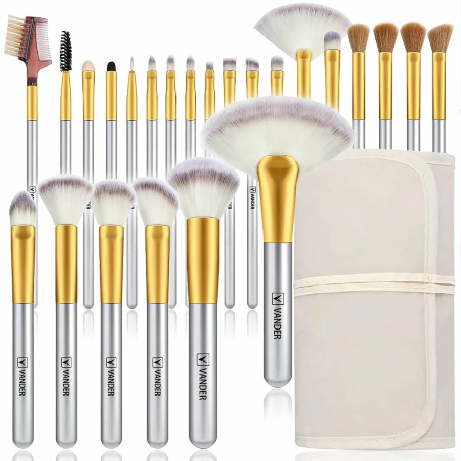 Vander 24-Piece Professional Makeup Brush Set with Soft Synthetic Bristles, Wooden Handle & Travel Makeup Bag - Champagne Collection