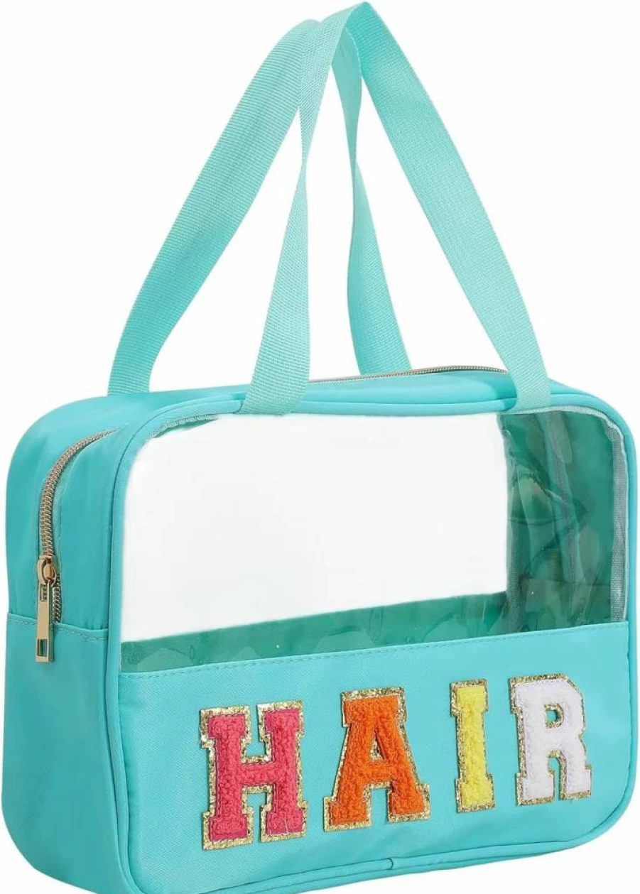 BCRMPT Mint Green Chenille Letter Patch Clear PVC Tote Bag - Large Travel Makeup & Toiletry Zipper Pouch for Women, Preppy Nylon Cosmetic Storage Bag with Handles