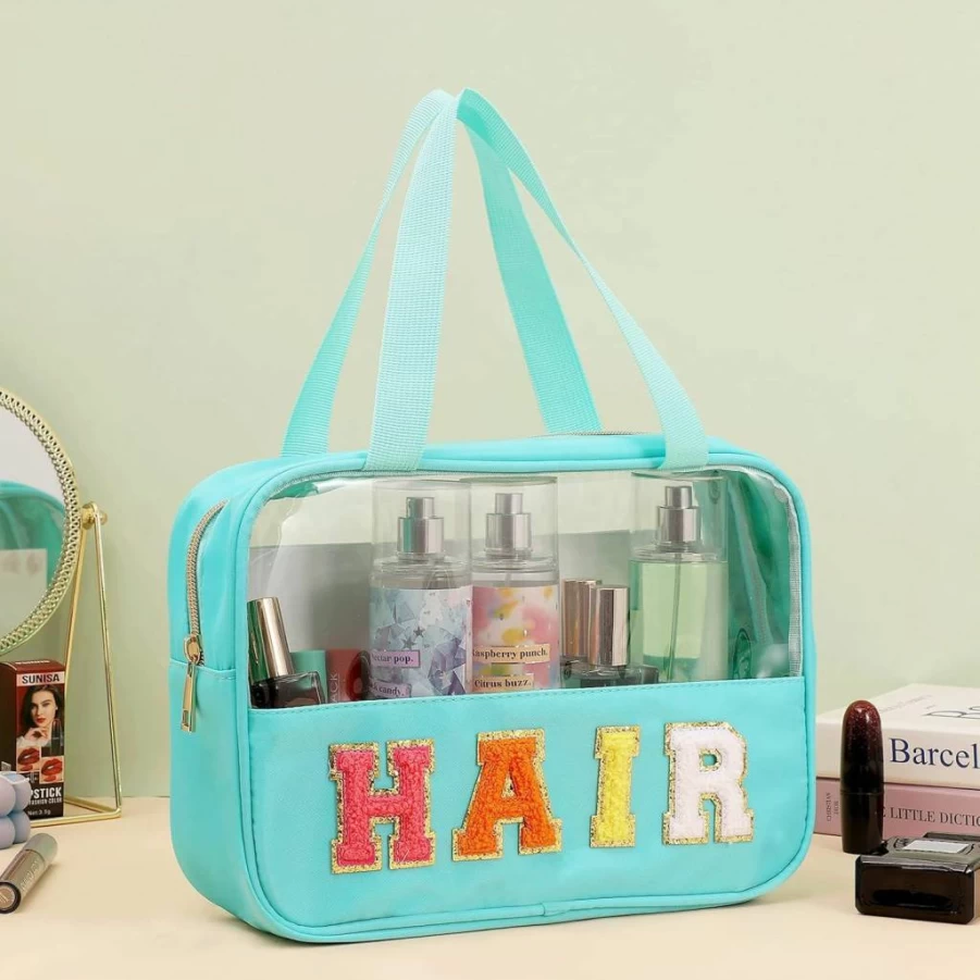 BCRMPT Mint Green Chenille Letter Patch Clear PVC Tote Bag - Large Travel Makeup & Toiletry Zipper Pouch for Women, Preppy Nylon Cosmetic Storage Bag with Handles