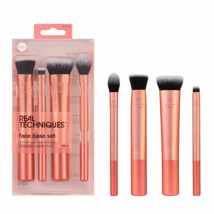 Real Techniques 4-Piece Face Brush Set for Foundation, Concealer, Contour & Powder - Professional Makeup Brushes for Blending, Buffing & Sculpting - Cruelty-Free Travel Friendly Gift Kit