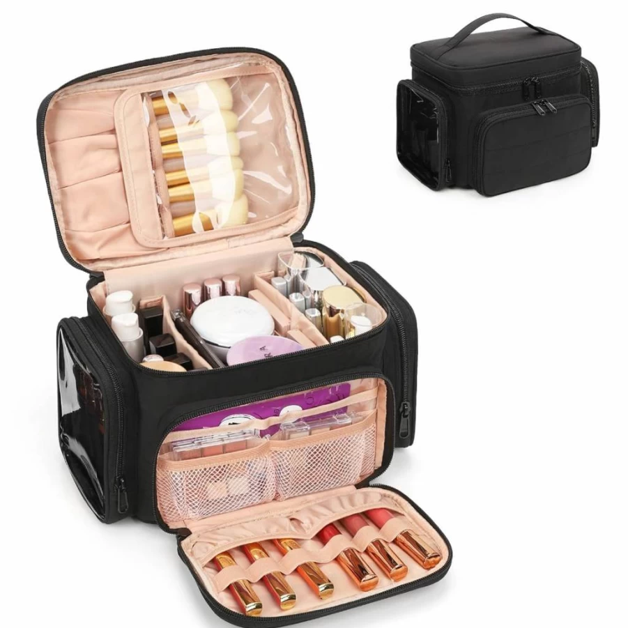 Bagmoly Large Travel Makeup Bag for Women - Waterproof Cosmetic Organizer with Brush Holder, 2 Side Pockets & Vertical Storage, Portable Toiletry Bag (Black)