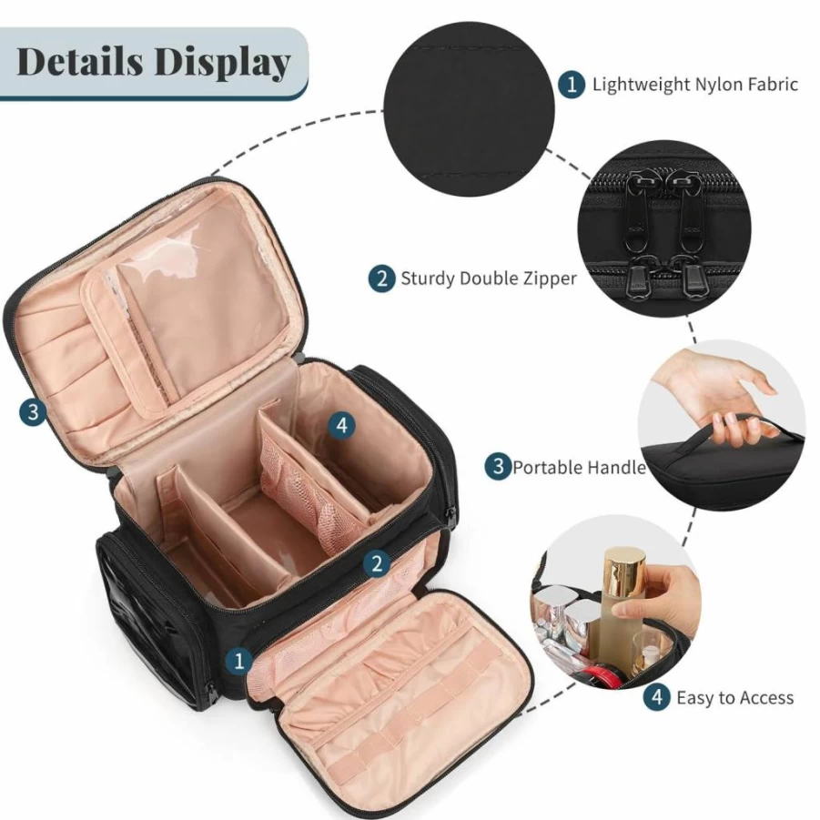 Bagmoly Large Travel Makeup Bag for Women - Waterproof Cosmetic Organizer with Brush Holder, 2 Side Pockets & Vertical Storage, Portable Toiletry Bag (Black)