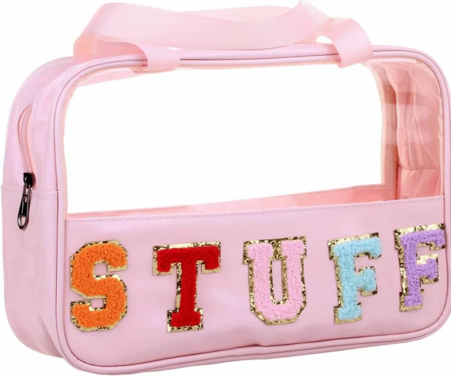 CRUOXIBB Large Waterproof Makeup Tote Bag for Women - Pink Chenille Letter Cosmetic Travel Organizer with PVC and PU Leather