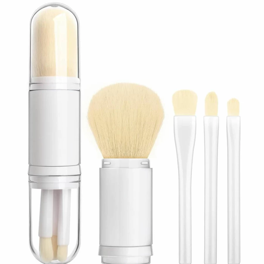SRUIDYLADY Mini Travel Makeup Brush Set - 4-in-1 Retractable Foundation, Blending, Powder & Eyeshadow Brushes with Portable Case (Blue) for Women