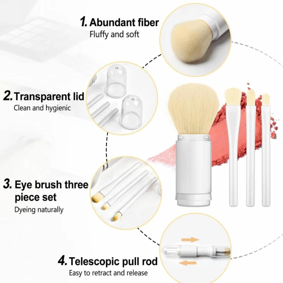SRUIDYLADY Mini Travel Makeup Brush Set - 4-in-1 Retractable Foundation, Blending, Powder & Eyeshadow Brushes with Portable Case (Blue) for Women