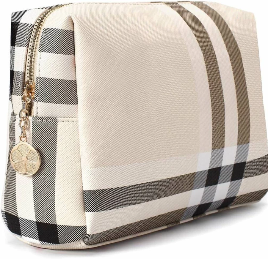 Jessyline Luxury Large Makeup Bag for Women - Designer Cosmetic & Toiletry Travel Organizer Pouch, Beige
