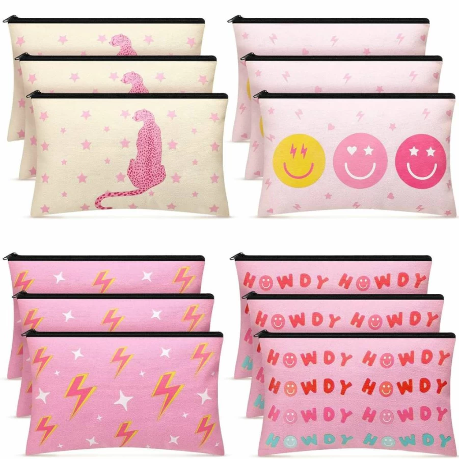 Hillban 12 Pcs Pink Preppy Makeup Bags for Women, Cute Smile Leopard Toiletry Travel Organizer, Portable Cosmetic Pouch, Spring Gift Idea