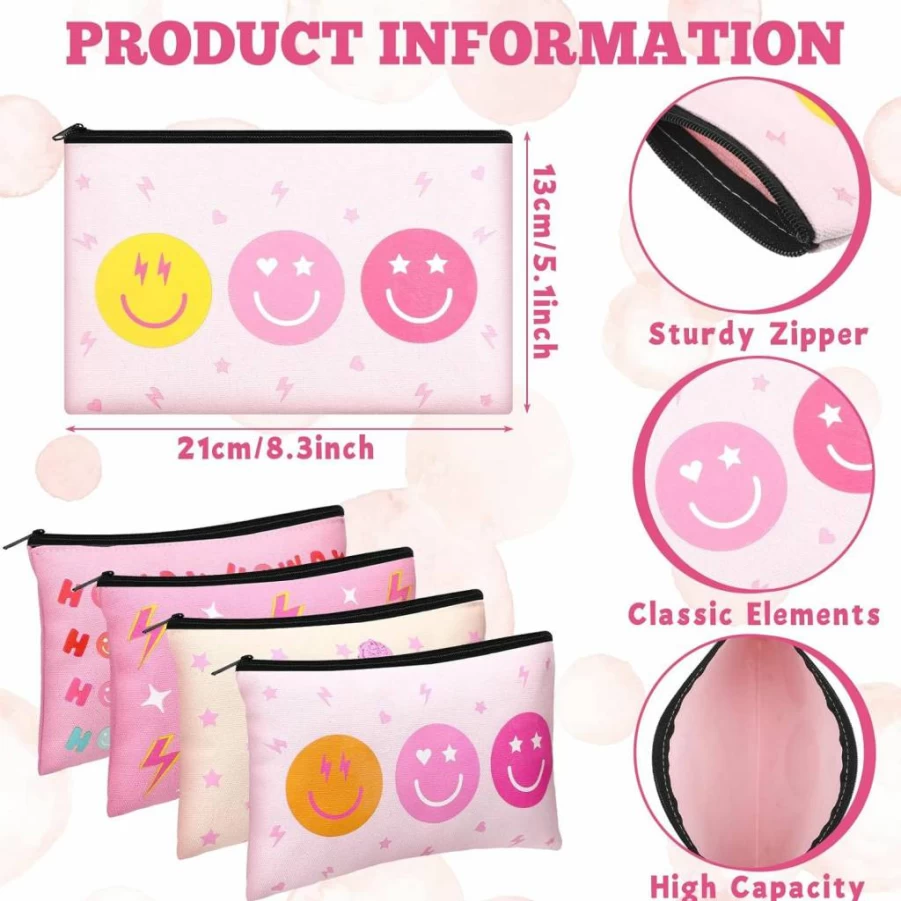 Hillban 12 Pcs Pink Preppy Makeup Bags for Women, Cute Smile Leopard Toiletry Travel Organizer, Portable Cosmetic Pouch, Spring Gift Idea