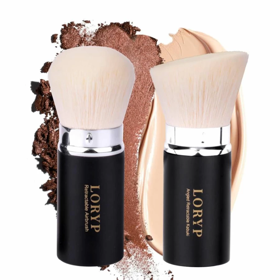 LORYP Retractable Kabuki Makeup Brush Set - 2 Pack Travel Foundation Brush for Liquid, Cream & Powder, Black Makeup Brushes