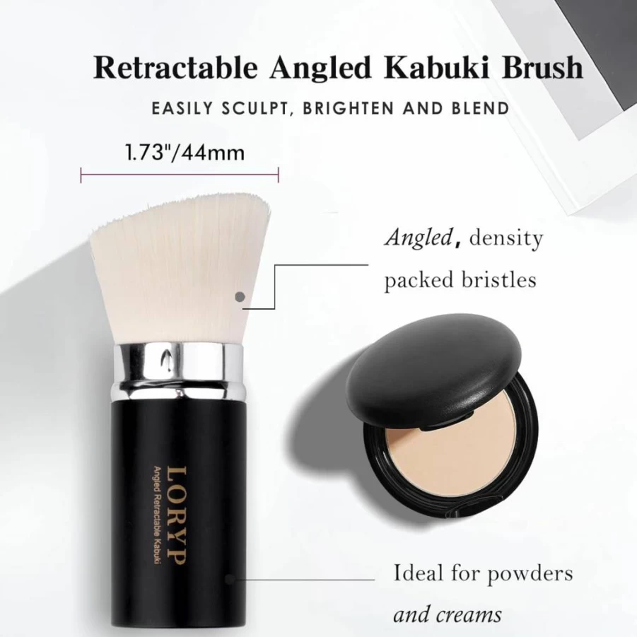 LORYP Retractable Kabuki Makeup Brush Set - 2 Pack Travel Foundation Brush for Liquid, Cream & Powder, Black Makeup Brushes