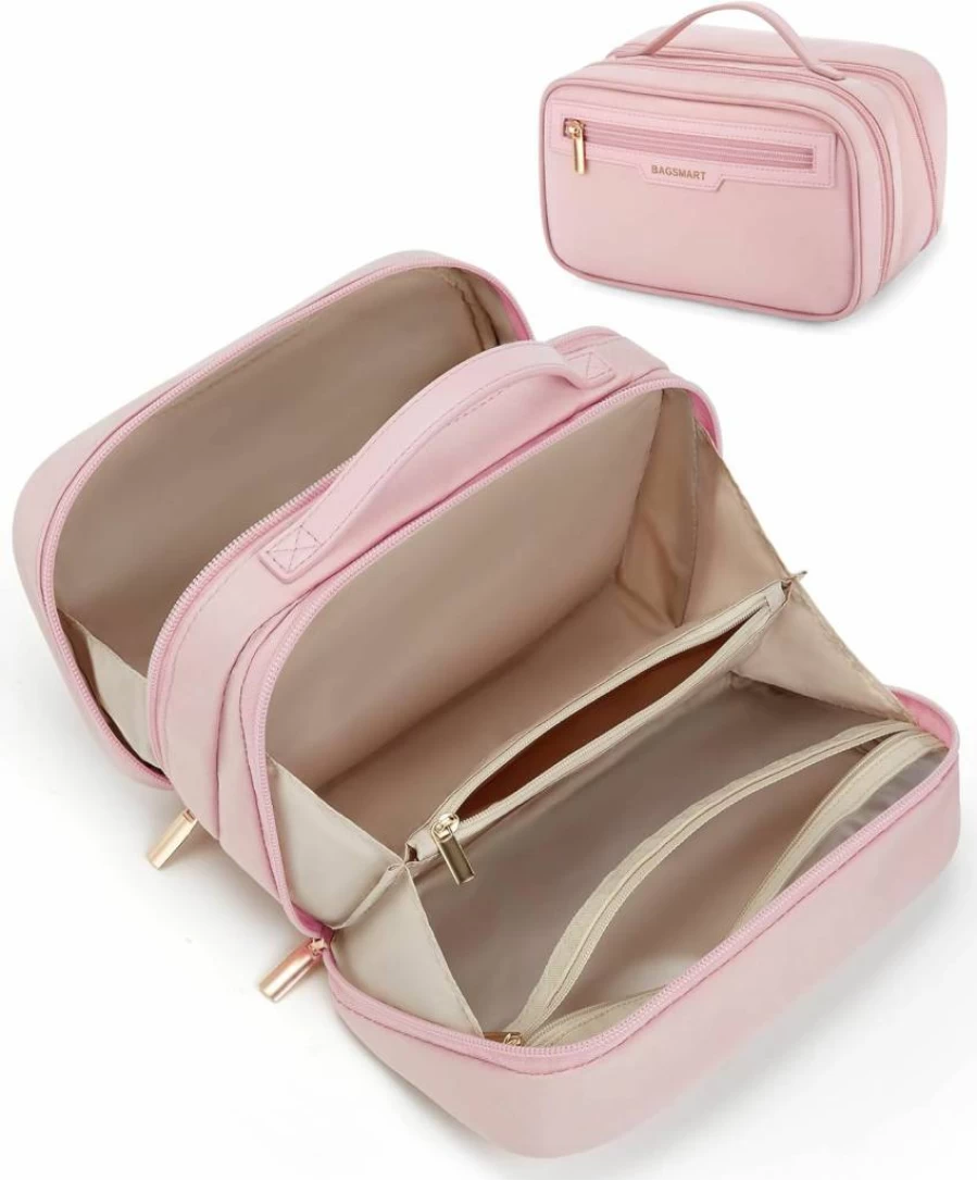 BAGSMART Travel Makeup Bag for Women - Durable Cosmetic Organizer with Multiple Compartments, Compact Toiletry Bag for Travel Accessories (Beige)