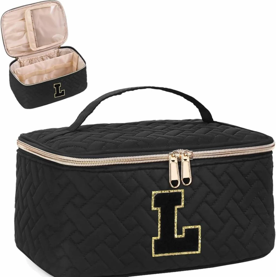 JRQCSJY Personalized Makeup Bag for Women & Teens | Custom Initial Cosmetic Organizer Pouch with Zipper | Trendy Birthday Gift for Girls, Friends | Quilted Portable Chenille Letter Makeup Case