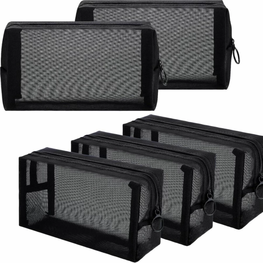 Sadnyy 5-Piece Black Mesh Makeup Bag Set - Breathable Travel Cosmetic Organizer (7.1x4x2.4 Inch) Portable Toiletry Pouches for Accessories