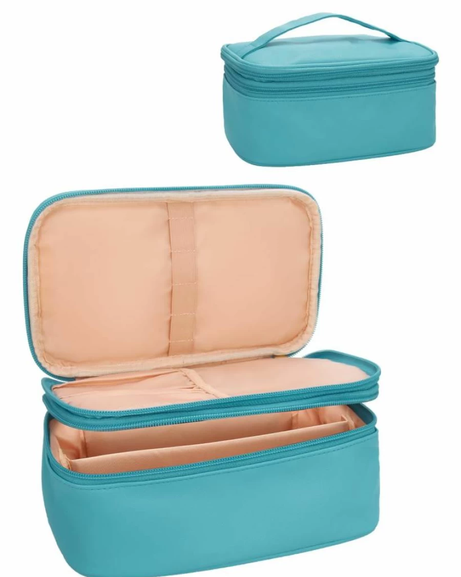 Relavel Waterproof Travel Makeup Bag for Women - 2-Layer Cosmetic Organizer with Brush Holder, Black Portable Toiletry Bag