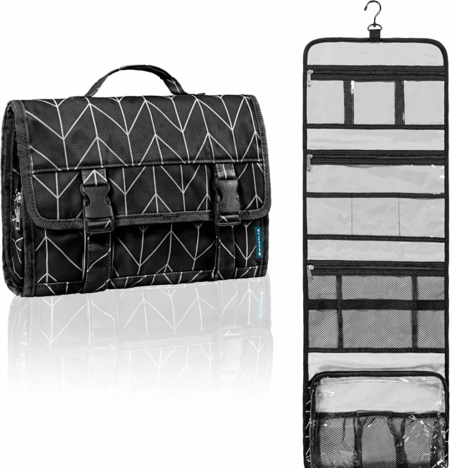 PAVILIA Waterproof Hanging Toiletry Bag for Travel - Large Cosmetic Organizer with Hook for Bathroom, Shower & Makeup Storage (Black)