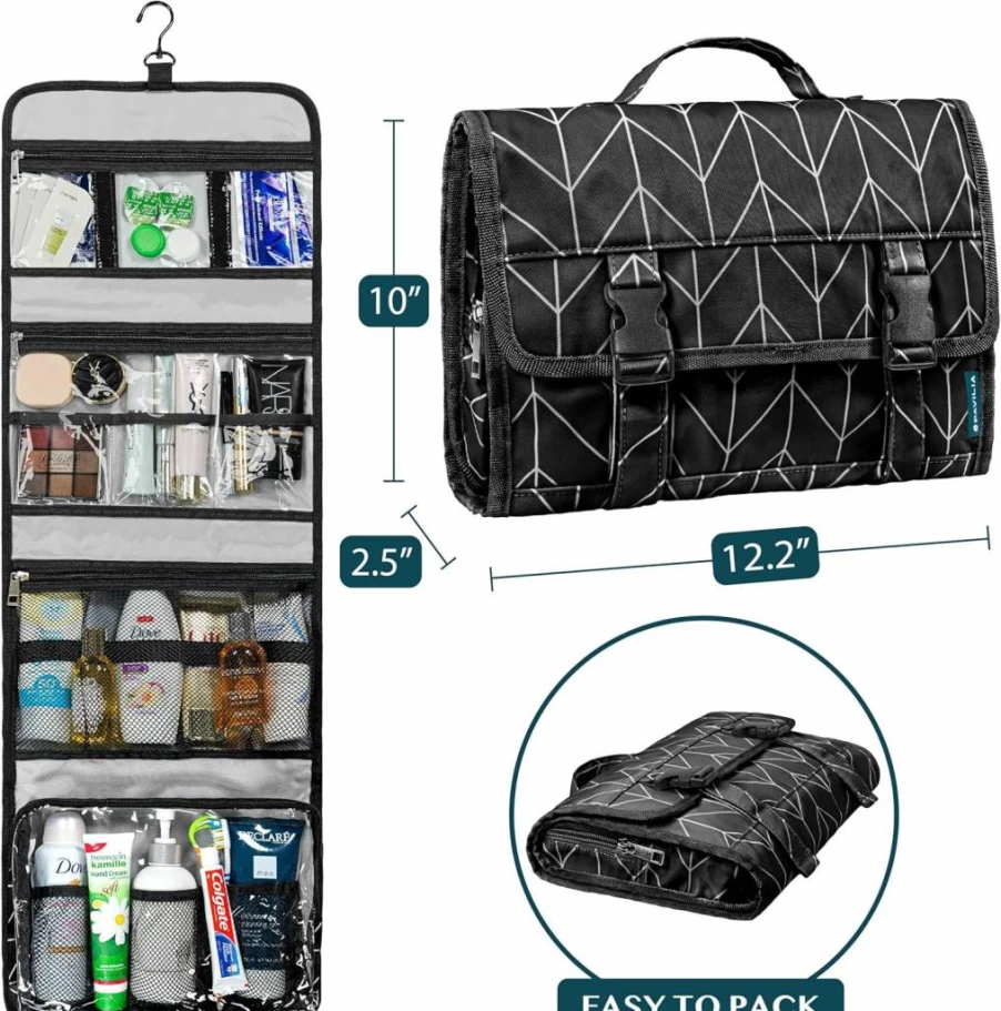 PAVILIA Waterproof Hanging Toiletry Bag for Travel - Large Cosmetic Organizer with Hook for Bathroom, Shower & Makeup Storage (Black)