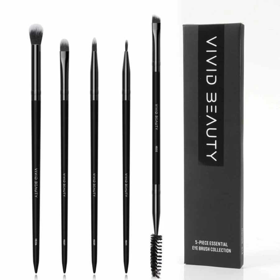 VIVID BEAUTY 5-Piece Professional Eye Makeup Brush Set - Wooden Handle Eyeshadow, Blending, Concealer & Dual-Ended Brow Brushes for Natural, Smokey & Glam Looks (Grey)