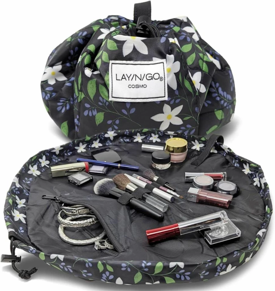 Lay-n-Go Cosmo 20-Inch Water-Resistant Drawstring Makeup Organizer | Machine Washable Travel Cosmetic Pouch | Large Capacity Durable Toiletry Bag (Purple)