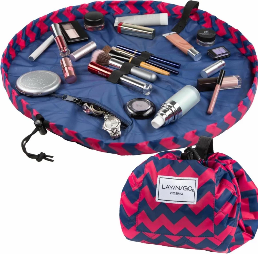 Lay-n-Go Cosmo 20-Inch Water-Resistant Drawstring Makeup Organizer | Machine Washable Travel Cosmetic Pouch | Large Capacity Durable Toiletry Bag (Purple)