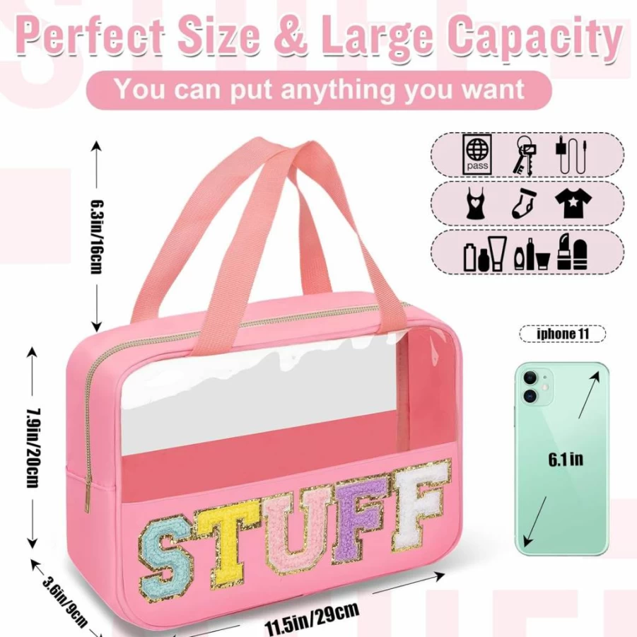 izuzta Large Clear Makeup Bag for Women - Waterproof Nylon Cosmetic Toiletry Tote with Chenille Letter Patches, Travel Essentials Zipper Pouch with Handle (Baby-Beige)