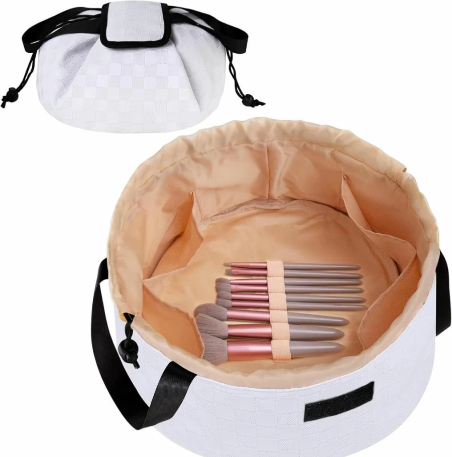 FANGENKE Waterproof Travel Makeup Bag - Portable Small Black Cosmetic Organizer with Drawstring for Brushes & Toiletry Accessories