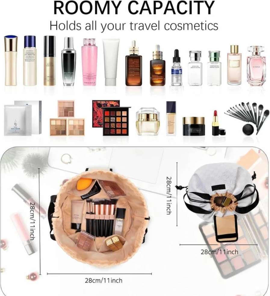 FANGENKE Waterproof Travel Makeup Bag - Portable Small Black Cosmetic Organizer with Drawstring for Brushes & Toiletry Accessories