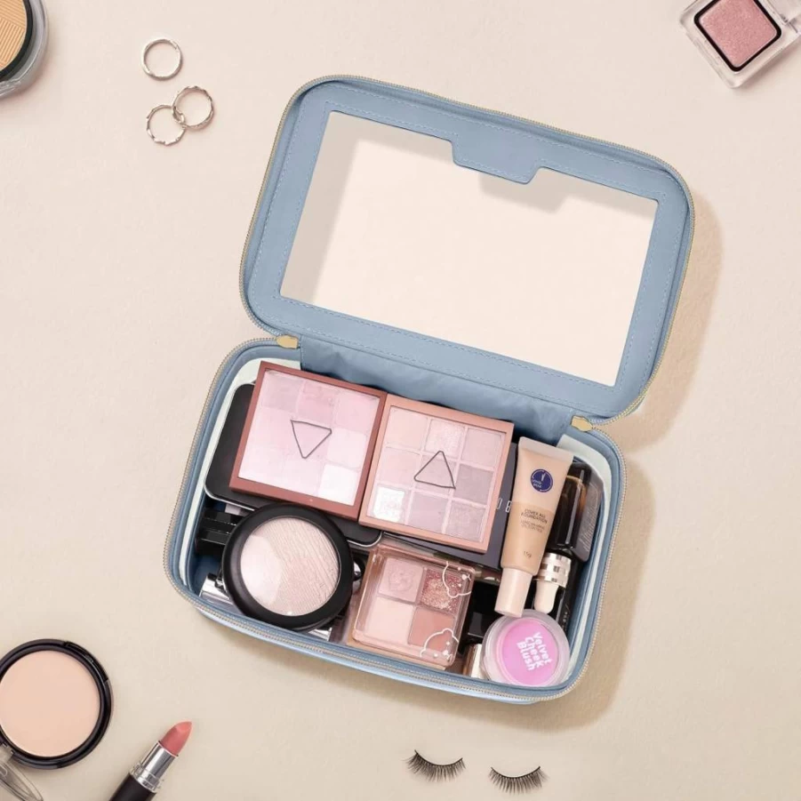 Soimeat Pink Transparent Waterproof Leather Makeup Bag with Brush Holder - Portable Travel Cosmetic Organizer Case for Women