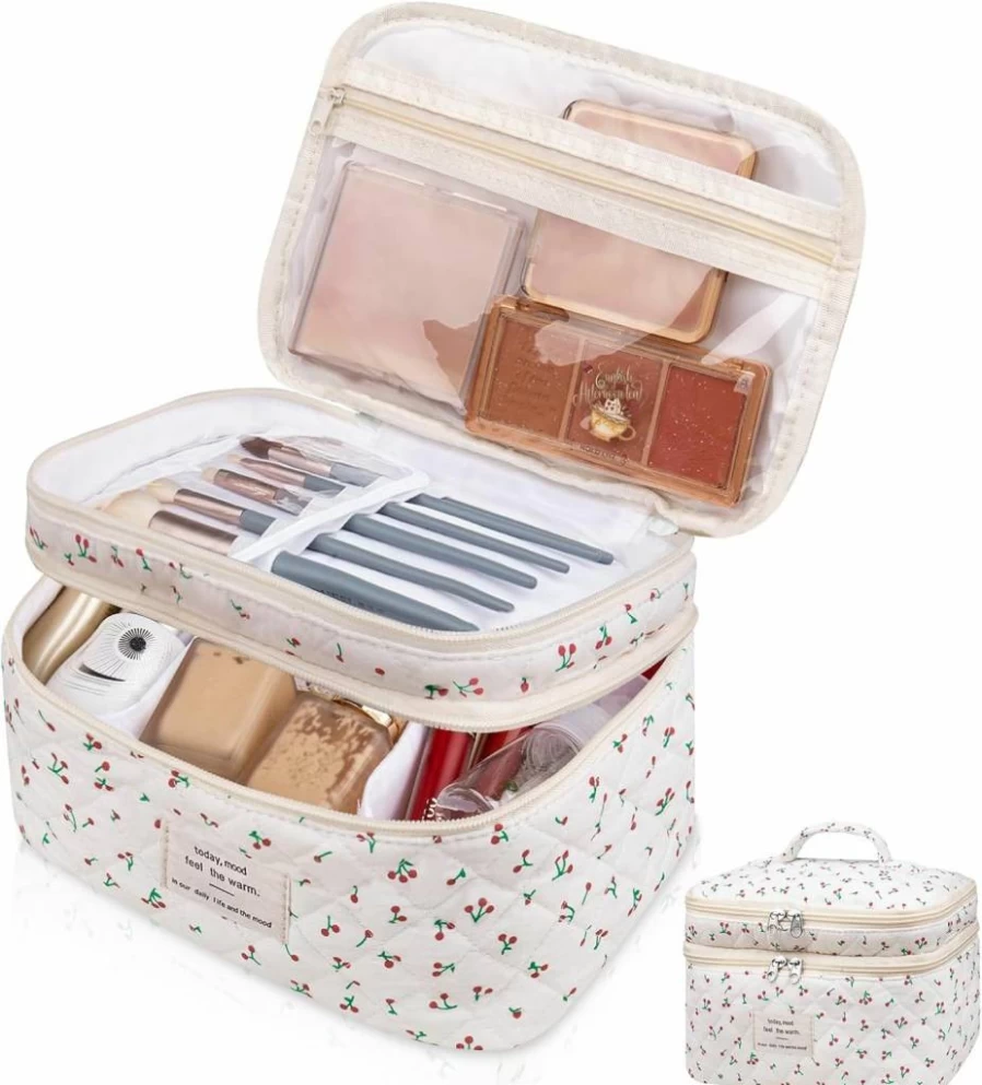 Gosect Large Floral Makeup Bag for Women - Cute Travel Cosmetic Organizer, Coquette Aesthetic Toiletry Pouch, Stylish Make Up Bag for Girls