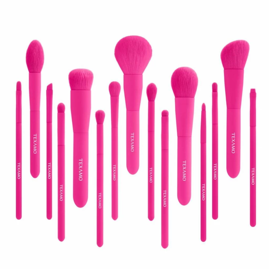 TEXAMO 15-Piece Premium Synthetic Makeup Brush Set for Foundation, Blush, Highlighter & Concealer - Travel-Friendly Hot Pink Makeup Brush Kit