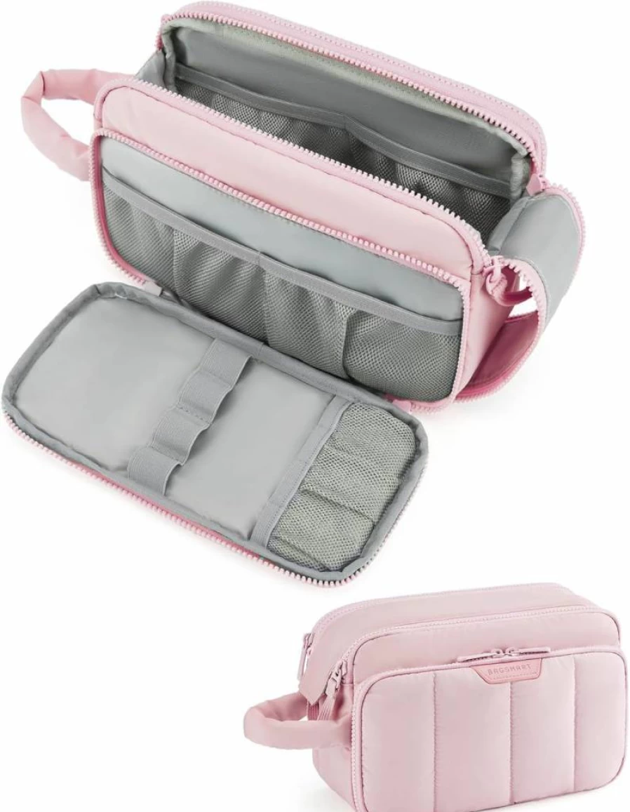 BAGSMART Puffy Pink Makeup Bag - Travel Cosmetic Organizer Case for Toiletries, Brushes, and Essential Accessories