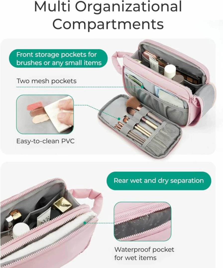 BAGSMART Puffy Pink Makeup Bag - Travel Cosmetic Organizer Case for Toiletries, Brushes, and Essential Accessories