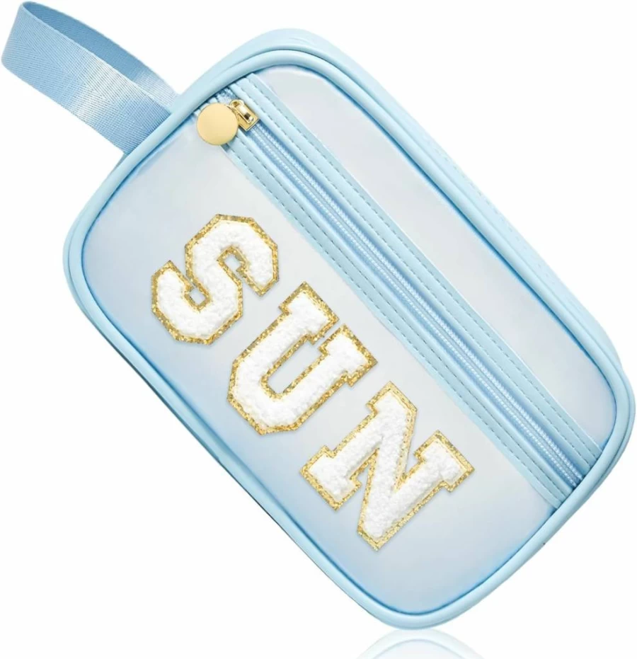 COSHAYSOO Clear Makeup Bag with Chenille Letter Patch, Waterproof SPF Sunscreen Cosmetic Pouch, Cute Travel Toiletry Organizer for Women & Teens, Small Beach Purse Gift