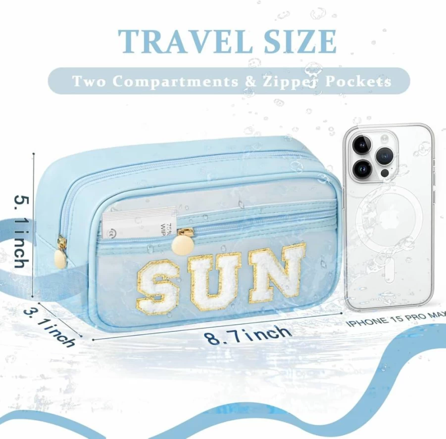 COSHAYSOO Clear Makeup Bag with Chenille Letter Patch, Waterproof SPF Sunscreen Cosmetic Pouch, Cute Travel Toiletry Organizer for Women & Teens, Small Beach Purse Gift