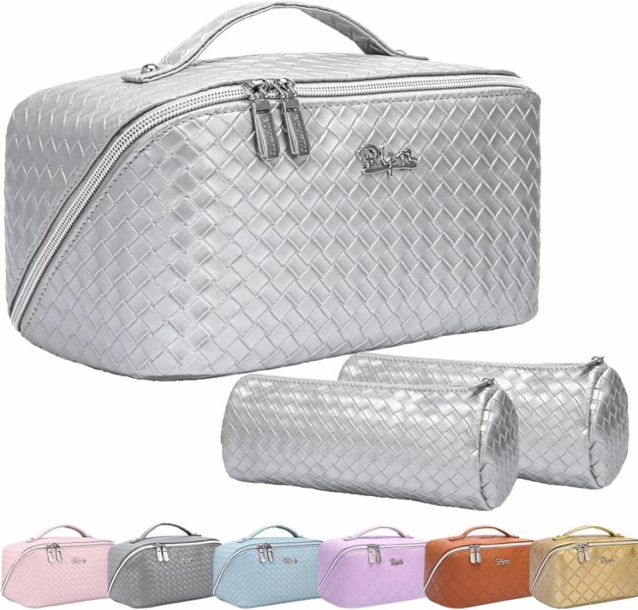 BOYATU 3-Piece Light Blue Travel Makeup Bag Set - Large Capacity PU Leather Cosmetic Organizer with Dividers, Handles for Women Toiletries