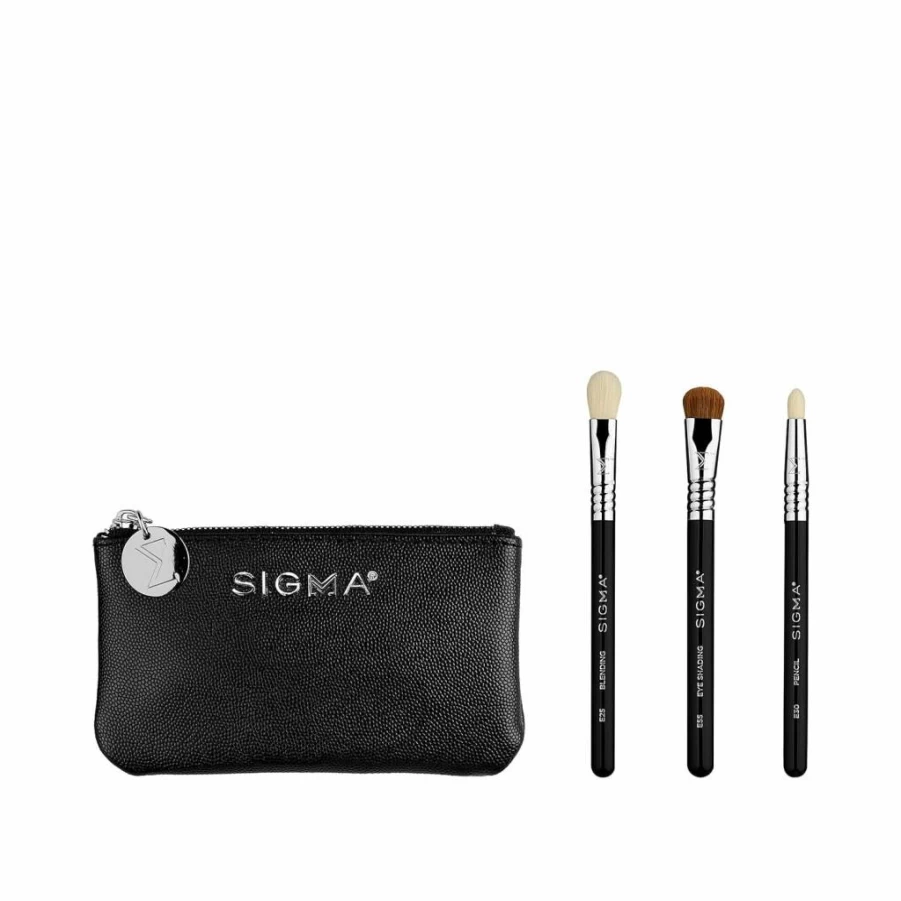Sigma Beauty Glam 'N Glow Mini Eye Brush Set - 3 Professional Brushes for Blending, Shading, Lining & Smudging with Travel Pouch