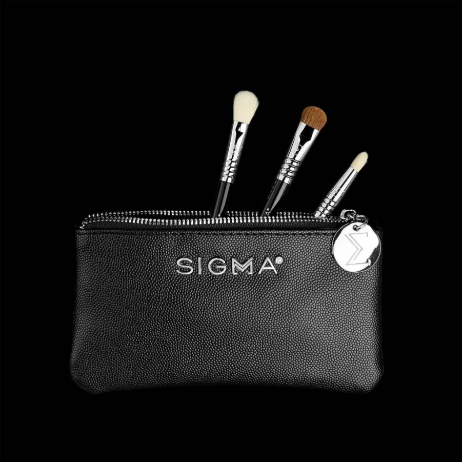 Sigma Beauty Glam 'N Glow Mini Eye Brush Set - 3 Professional Brushes for Blending, Shading, Lining & Smudging with Travel Pouch