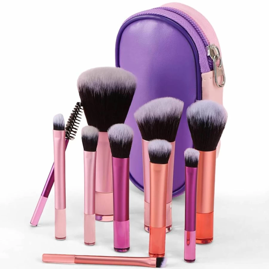 Kingtree 10Pcs Travel Makeup Brush Set with Pouch - Portable Mini Cosmetic Brushes for Flawless On-The-Go Makeup Application
