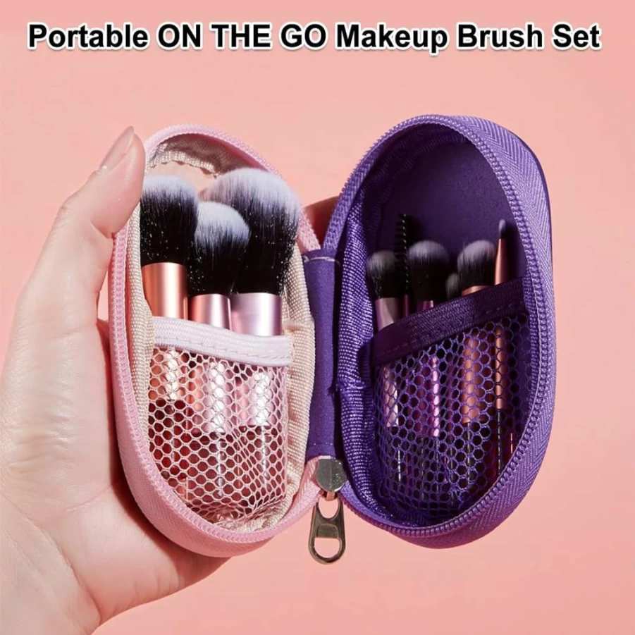Kingtree 10Pcs Travel Makeup Brush Set with Pouch - Portable Mini Cosmetic Brushes for Flawless On-The-Go Makeup Application