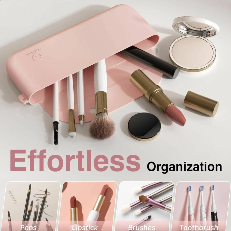 COOL-ANGLE 2-in-1 Magnetic Makeup Brush Holder & Beauty Sponge Case | Travel-Friendly Quick-Drying Storage Stand | Khaki Cosmetic Organizer
