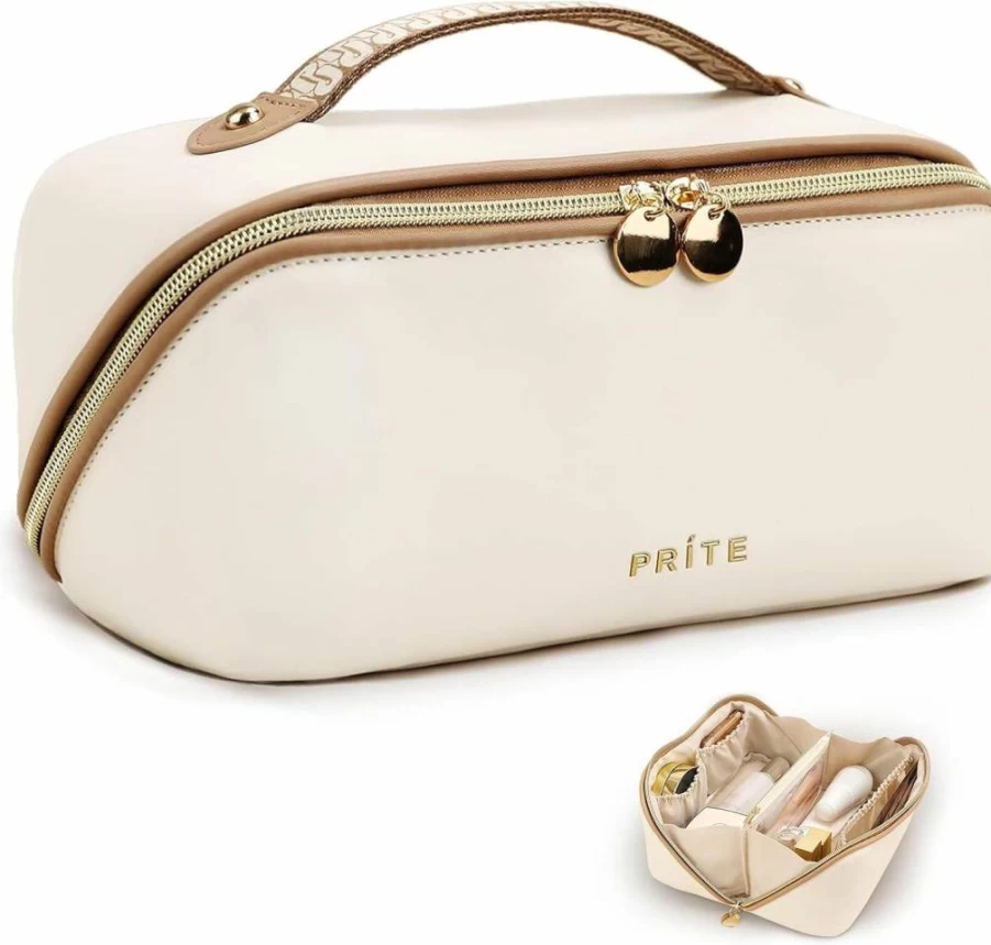 Prite Vegan Leather Makeup Bag for Women - Waterproof Travel Cosmetic Organizer with Clear Divider & Handle, Beige Toiletry Bag That Opens Flat