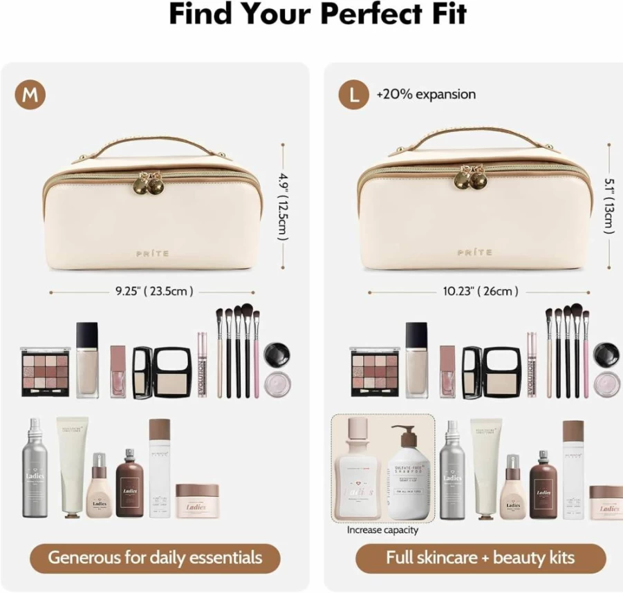 Prite Vegan Leather Makeup Bag for Women - Waterproof Travel Cosmetic Organizer with Clear Divider & Handle, Beige Toiletry Bag That Opens Flat