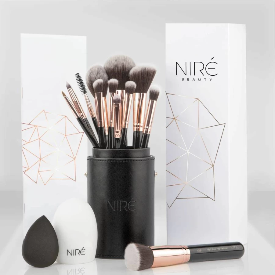 Nire 15-Piece Professional Glitter Makeup Brush Set with Travel Case, Beauty Blender, Cleaner, Guide – Award-Winning Cosmetic Brushes for Perfect Makeup Application