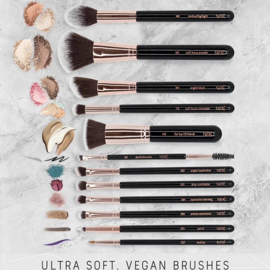 Nire 15-Piece Professional Glitter Makeup Brush Set with Travel Case, Beauty Blender, Cleaner, Guide – Award-Winning Cosmetic Brushes for Perfect Makeup Application