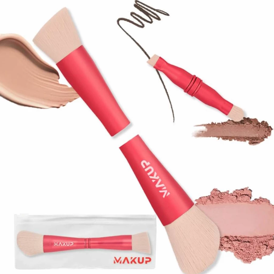 Makup Beauty Jetsetter 4-in-1 Vegan Travel Makeup Brush Set - Kabuki, Blush, Contour, Eyeshadow & Angled Brow/Eyeliner Brush with Ultra Soft Bristles
