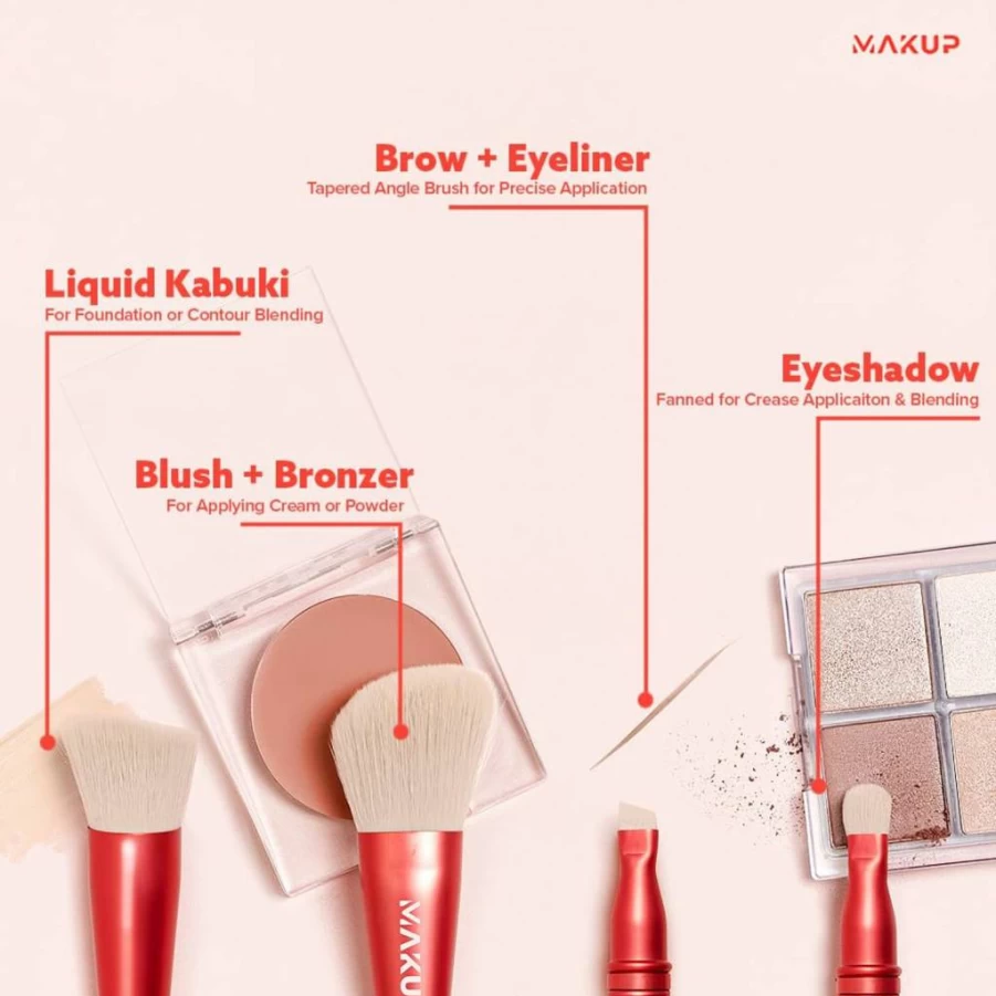 Makup Beauty Jetsetter 4-in-1 Vegan Travel Makeup Brush Set - Kabuki, Blush, Contour, Eyeshadow & Angled Brow/Eyeliner Brush with Ultra Soft Bristles