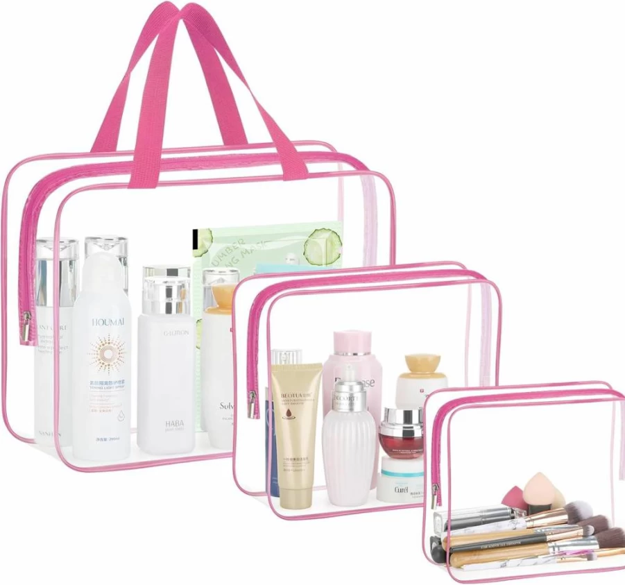 HAOGUAGUA 3-Pack Large Waterproof Clear Toiletry Travel Bags, Transparent Plastic Cosmetic Makeup Organizer for Shampoo Liquids Storage (Black)