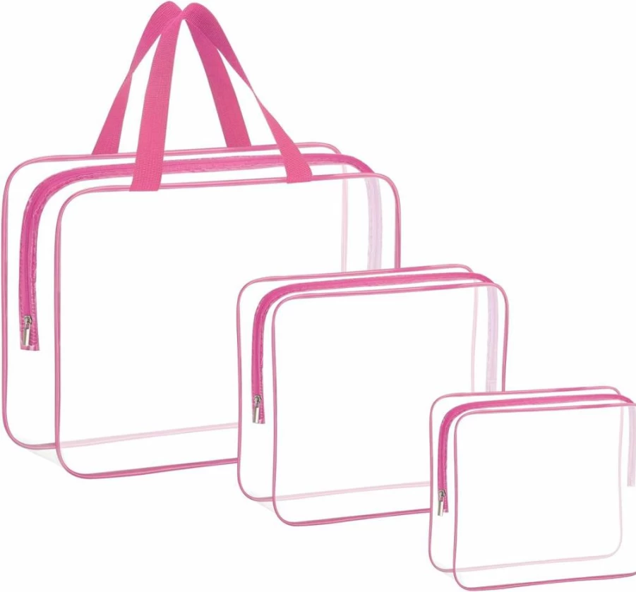 HAOGUAGUA 3-Pack Large Waterproof Clear Toiletry Travel Bags, Transparent Plastic Cosmetic Makeup Organizer for Shampoo Liquids Storage (Black)